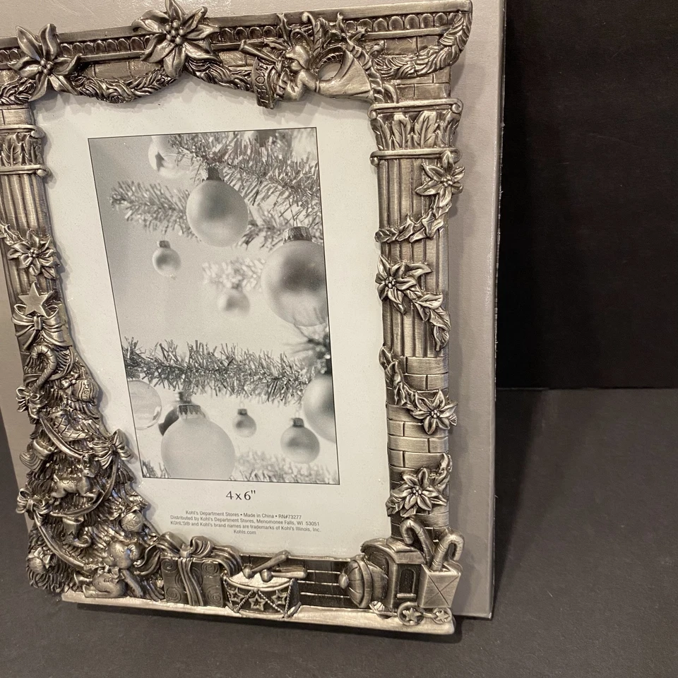 Pewter Christmas Holiday Frame Heavy Holds 4x6 Photo Christmas Tree Toys - Image 2 of 4