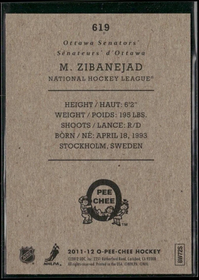 Mika Zibanejad 2011-12 O-Pee-Chee Update Retro RC #619 Ottawa Senators - Image 2 of 2