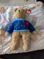 TY Classic Plush - CURLY the Bear Large - Blue Sweater w/ Umbrellas 16 inch 