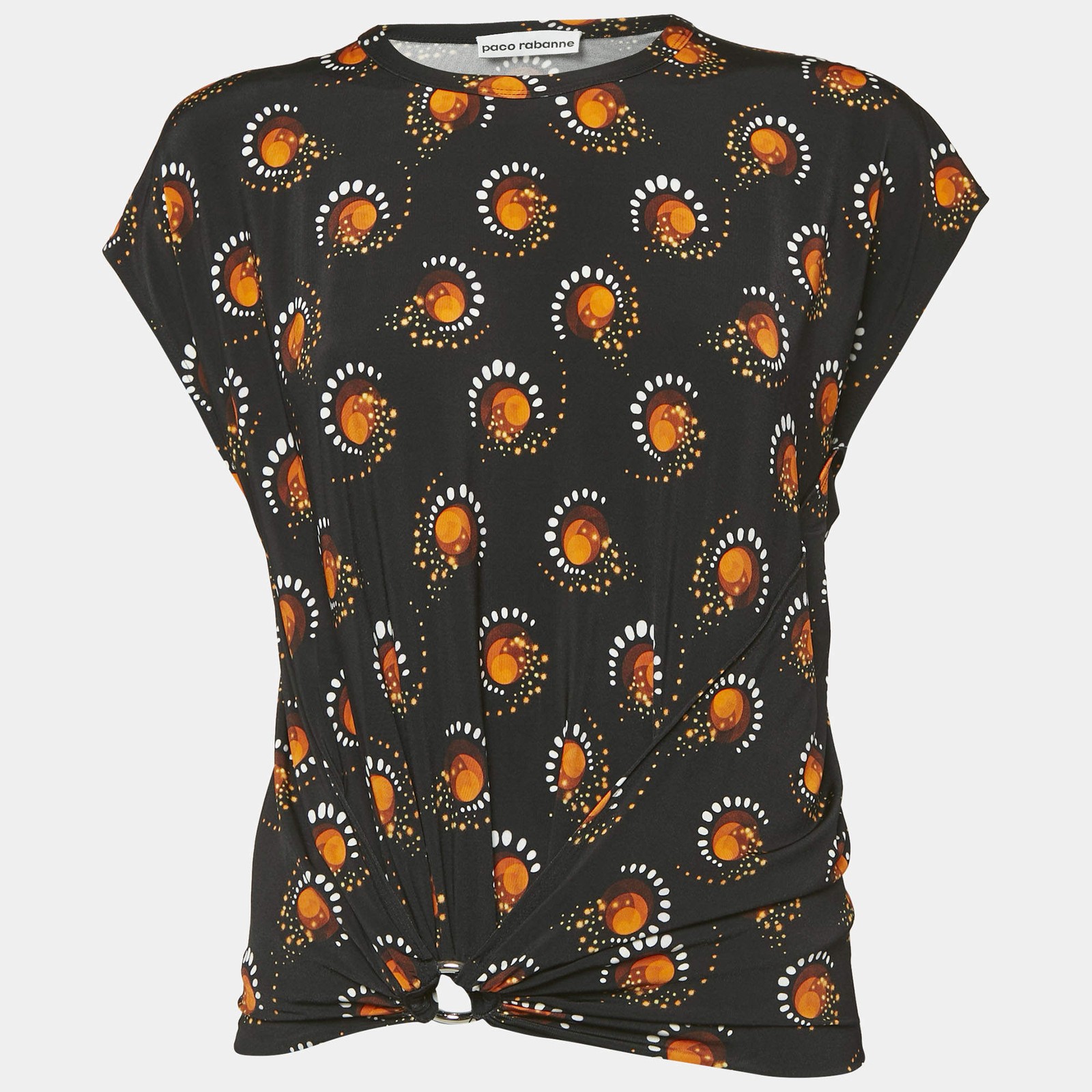 Paco Rabanne Black Printed Jersey Gathered Top M