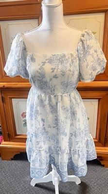 Blu Pepper  Dress Blue and White Floral Baby Doll Whimsical Cottage Core Peasant