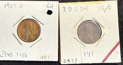 Lot of (2) Coins 1925 D + S LINCOLN WHEAT CENT 1c Penny VG 1183