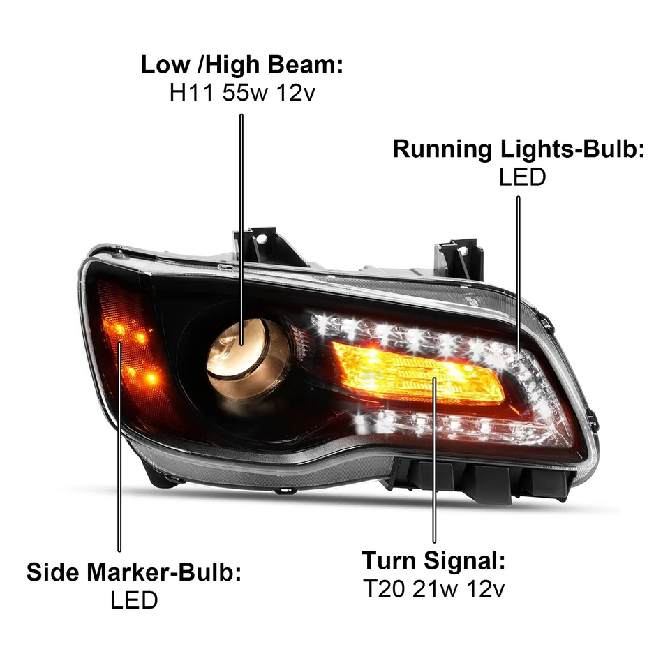 For 2011-2023 Chrysler 300 Black LED DRL Projector Headlights w/Bulbs Left&Right Foto 3 de 4
