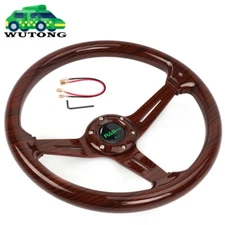 14INCH Universal Racing Steering Wheel Dark Wood Grain Drifting Deep Dish 6 Bolt