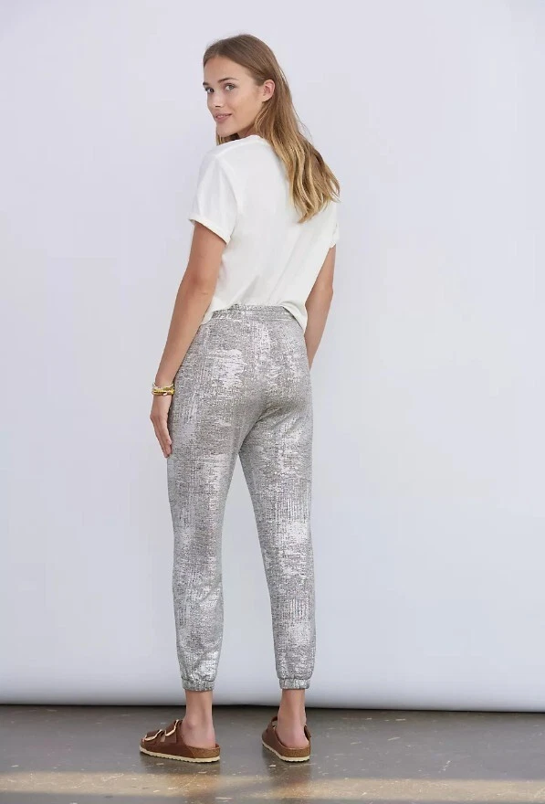 Pantalones de chándal Anthropologie Sloane plateados brillantes cintura elástica cordón talla pequeña Foto 2 de 4