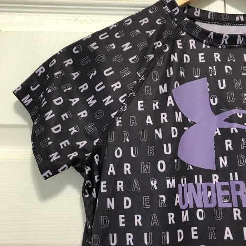 Under Armour Youth Tee Shirt Unisex Sz XL Black Purple Loose Heatgear Logo Top - Picture 3 of 10