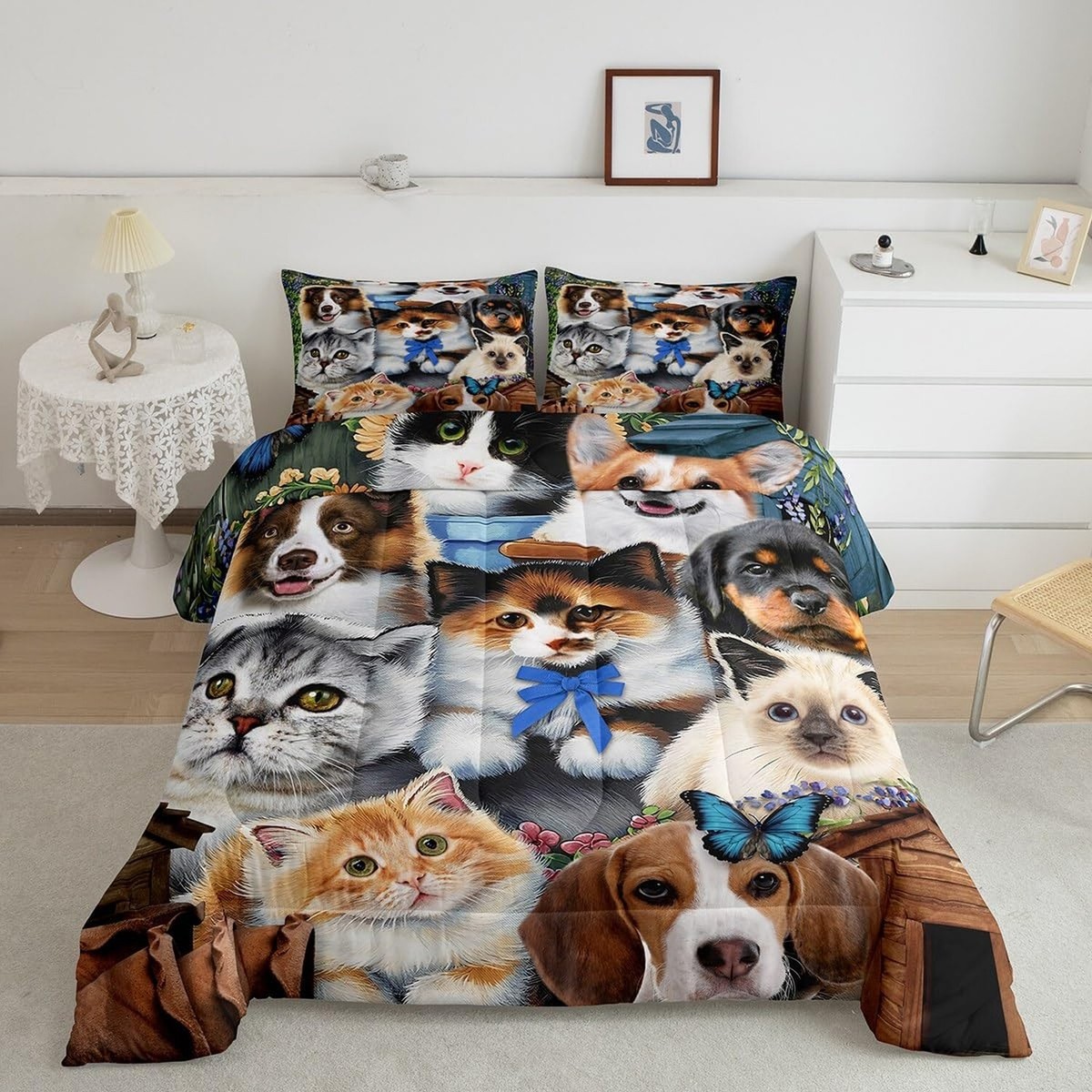 Cat Twin Comforter Set for Boys Girls Kids Kawaii Bedding Cute