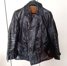 1956 Swedish Army Military Double Breasted Blanked Lined Leather Pea Coat, 46