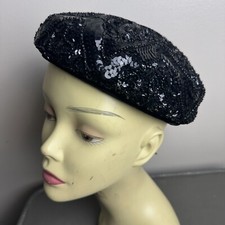 Vintage 1950s Black Sequin Beret Style Hat Wool Velvet Trim And Bow