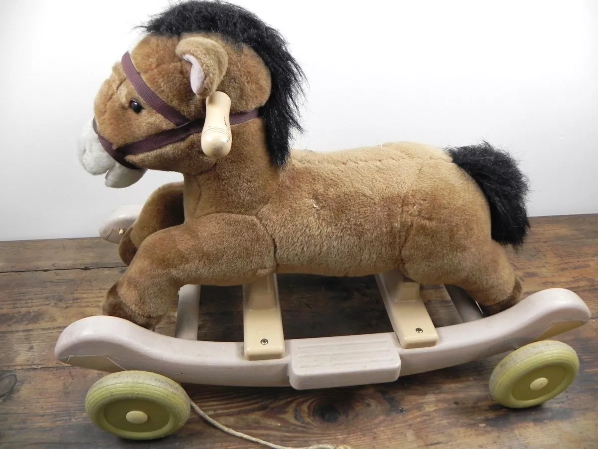 Cavallo a dondolo con ruote gioco per bambini cavalluccio di peluche rotelle