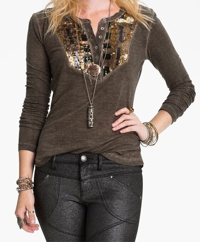 Free People Tiger Eyes Sequin Bib Henley-M-AS SEEN IN PRETTY LITTLE LIARS A609-5