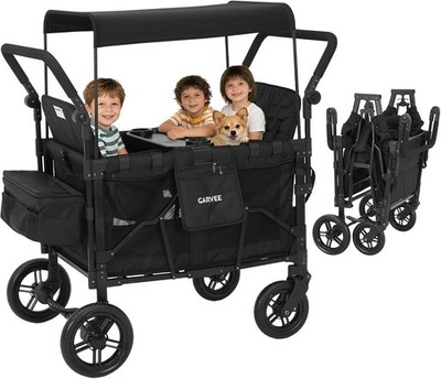 Wagon Stroller For 4 Kids Foldable 4-seater Push-Pull Toddler w/Removable Canopy