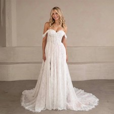 A-line Lace Wedding Dress Sweetheart Neck Backless Zipper High Slit Bride Gown