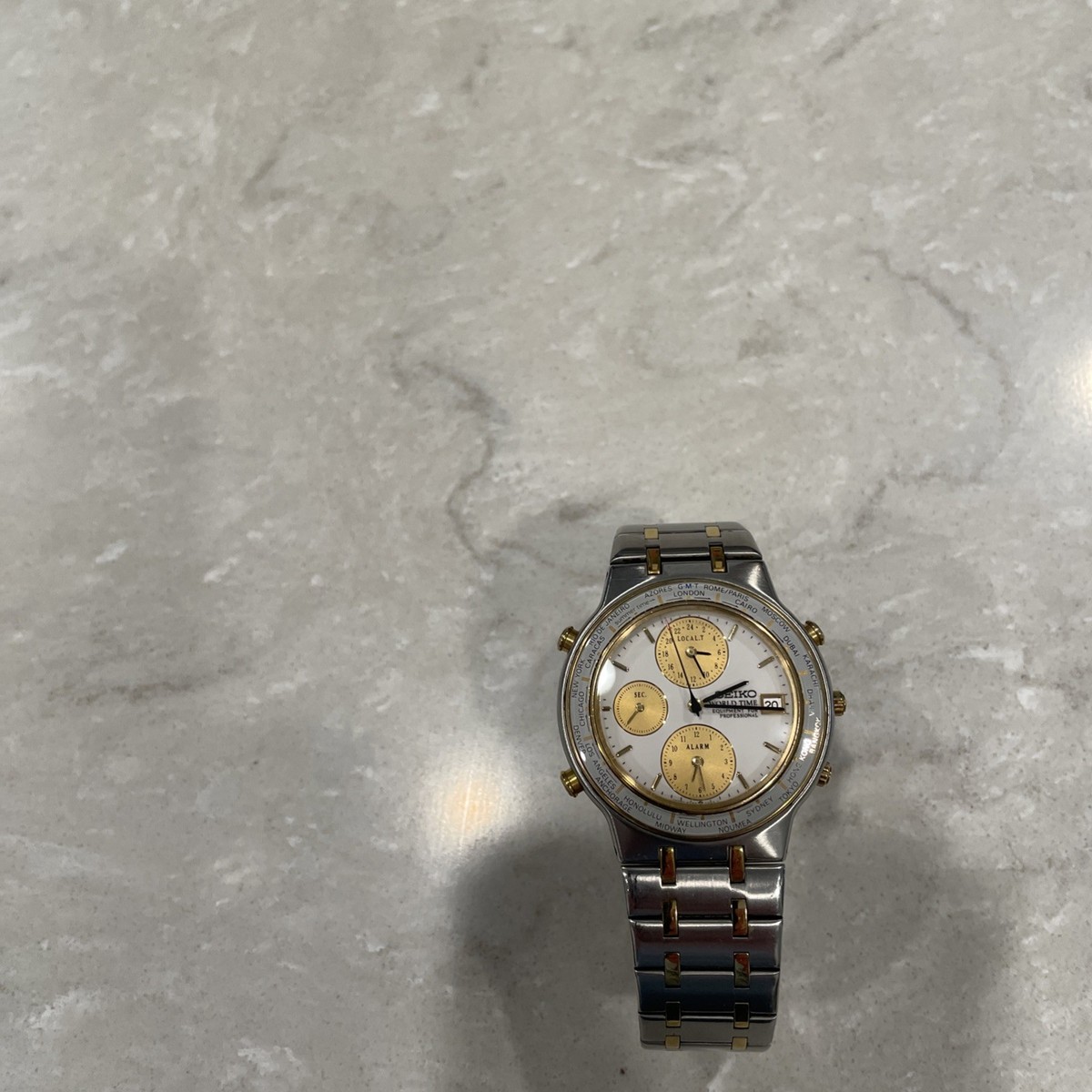 Vintage 1990 [N MINT] SEIKO World Time 5T52-7A00 White Qz Men's
