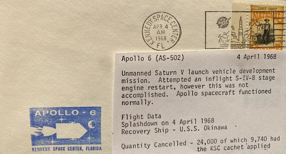 APOLLO 6 Launch With NASA Official NASA BLUE Cachet  ; KSC APRIL 4, 1968 - Image 2 of 4