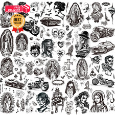 12 Sheets Large Chicano Temporary Tattoos, Cholo and Chola Multiple, Black