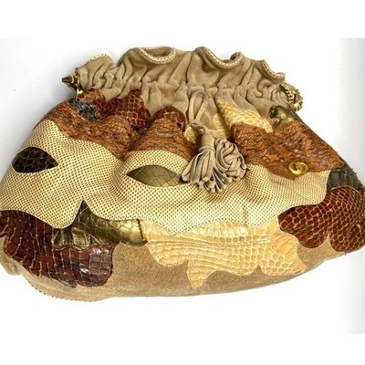 Carlo Fiori Tan suede Leather Patchwork Snakeskin Handbag Italy Vtg Chain Strap