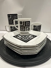 Vintage Ginori style Geometric Black And White 8 Pc Luncheon Set Plates Cups