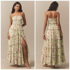 BHLDN Floral Chiffon Strapless Ruched Tiered A Line Midi Dress Floral Slit Small