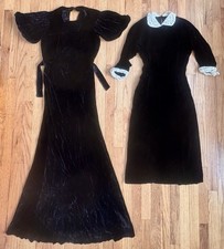 Lot of 2 Vintage 1930's Art Deco Black Velvet Hollywood Gown & Dress X-Small