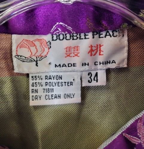 Double Peach Purple Jacquard Satin Floral Frog Button Asian Chinese Blouse 34 S - Photo 12/12