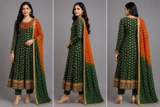 Indian Pakistani Anarkali Suit 4PC Green Embroidered Dupatta Pants A42