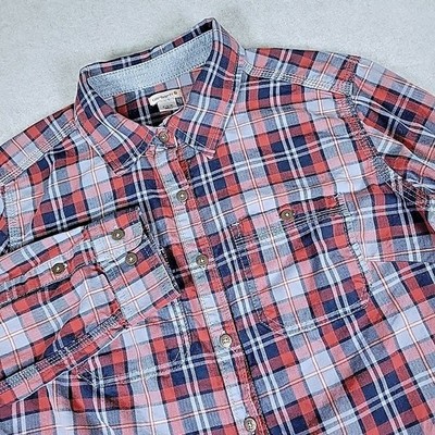 Carhartt Button-Up Shirt Women's Small Blue Plaid Flannel Long Roll Tab Sleeve