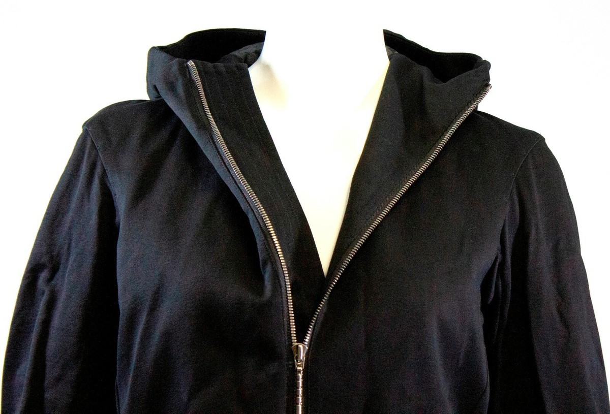 DEVOA Japan Black Gray Print Hooded Silver Tone Front Zip Coat
