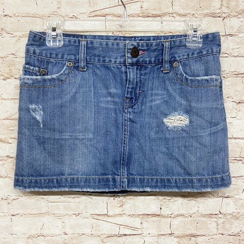 AE American Eagle Womens Denim Mini Skirt Size 2 Distressed Pockets Blue Jean - Picture 1 of 7