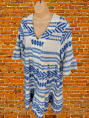 Boho-Damenkleid Threadbare Größe UK 16 BLAU WEISS AZTEKENMUSTER V-GROSSE ÄRMEL
