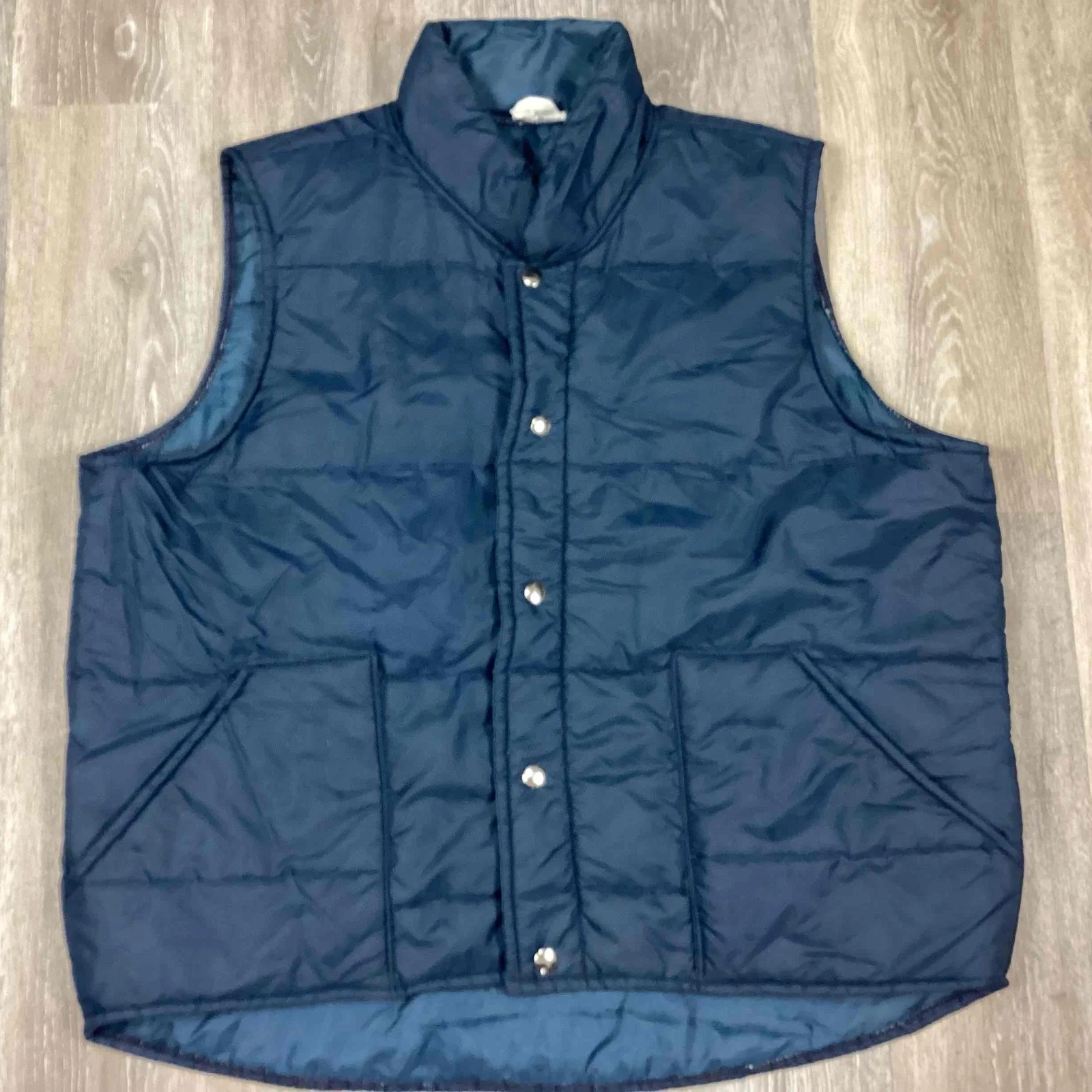 Vtg Blue Puffer Vest Sz L 70s The Great Lakes Outerwear High Collar Snap Quilted
