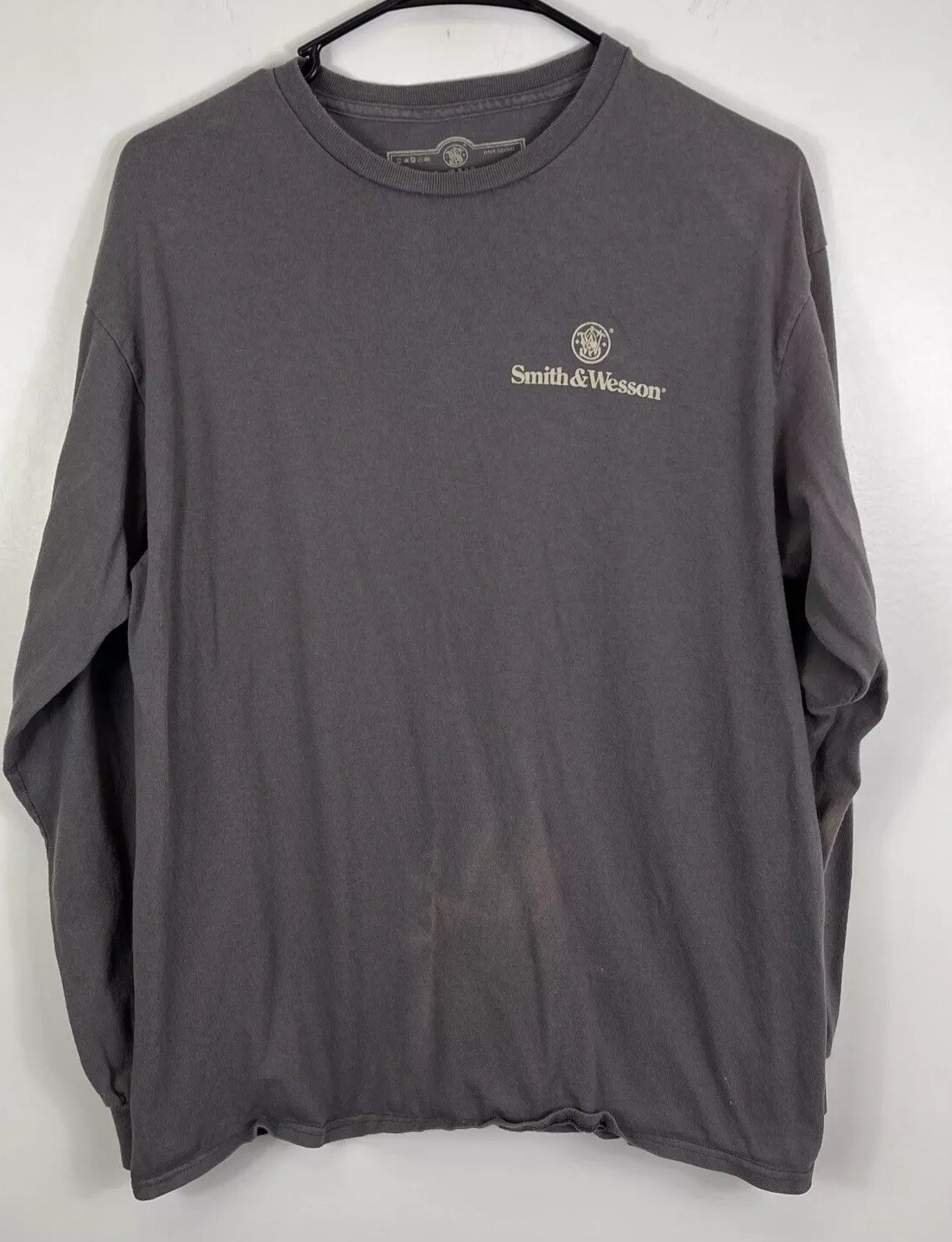 Smith & Wesson Long Sleeve T-Shirt Gray Sz Lrg Firearms Guns Bleach Stains