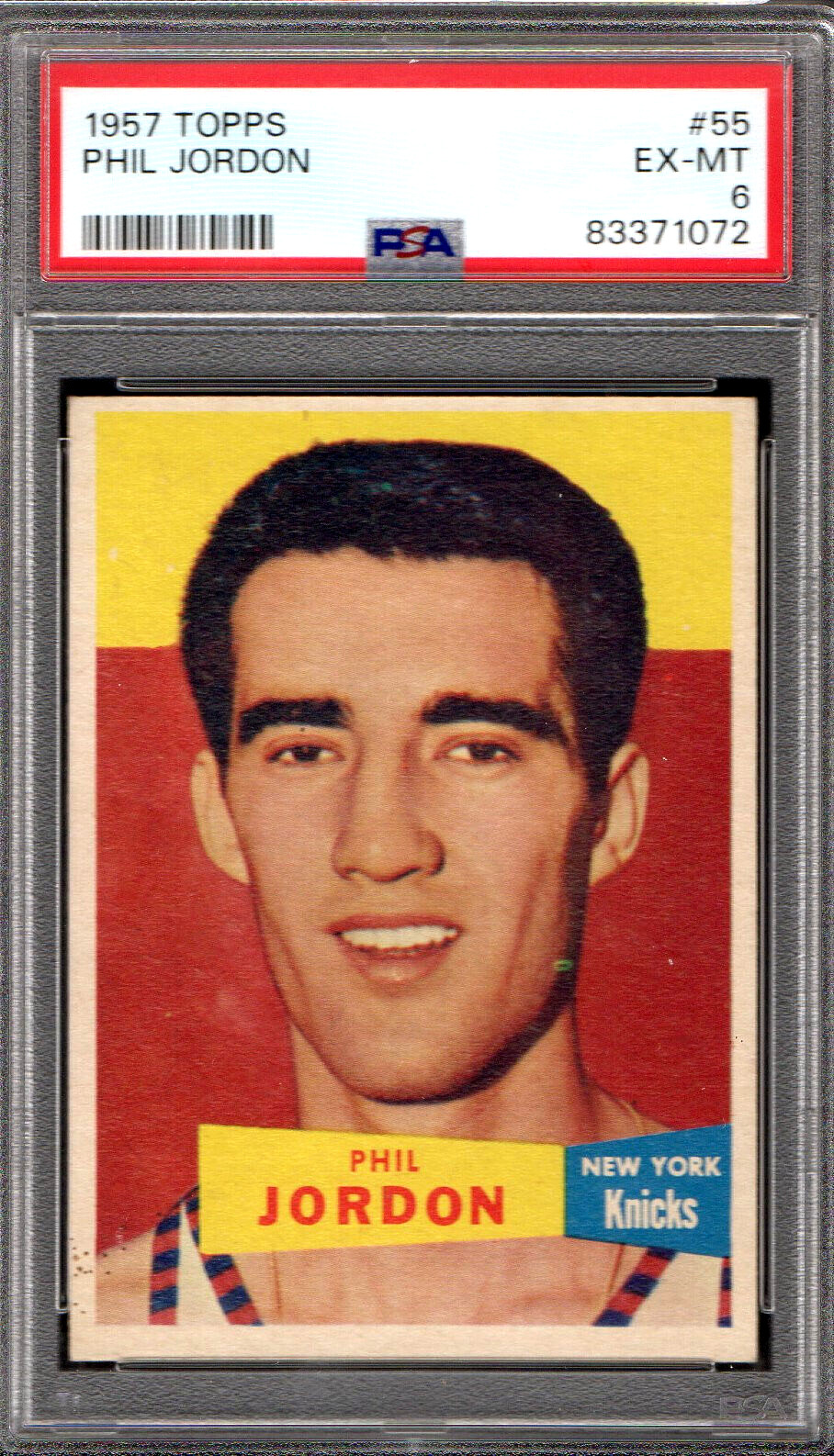 1957 TOPPS #55 PHIL JORDON ROOKIE NEW YORK KNICKS 072 - PSA EX 6 - COLORFUL