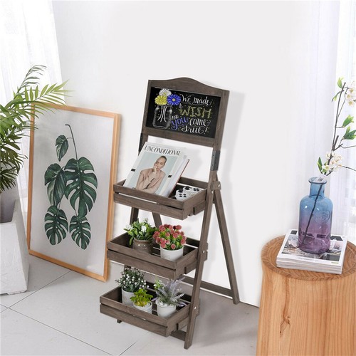 Wood A-Frame Sidewalk Menu Chalkboard Plant Stand Flower Rack w 3 Removable Tray - Picture 5 of 12