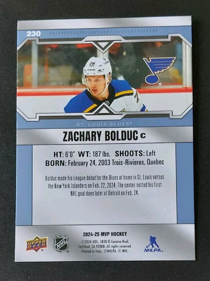 2024-25 Upper Deck MVP Zachary Bolduc Rookie Card #230. St.Louis