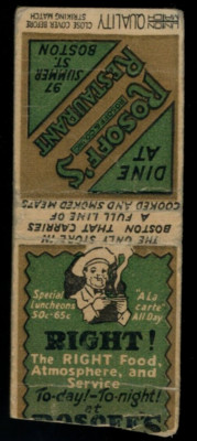 UNION MATCH QUALITY / Rosoff's Restaurant, Massachusetts matchbook BOBTAIL