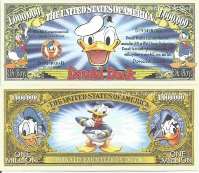 Donald Duck Zeichentrickfigur Gedenkmünze Millionen-Dollar-Scheine x 2