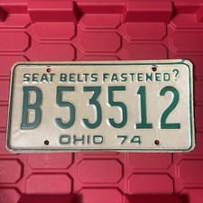 Ohio License Plate White W/ Green Lettering Seat Belts Fastened Vintage 1974