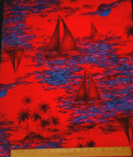Tropical Fabric 1 2/3 Yard Sailboats Palm Tree Blue Water on Red Cotton PC