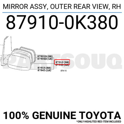 879100K380 Genuine Toyota MIRROR ASSY, OUTER REAR VIEW, RH 87910 