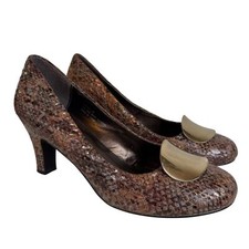 Vintage Andiamo Retro Pumps Women 11W Brown Copperhead Print Heels Gold Accent