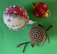 Lot 3 CHRISTMAS ORNAMENTS Vintage Handmade Push Pin Beaded Sequin Ball Teardrop
