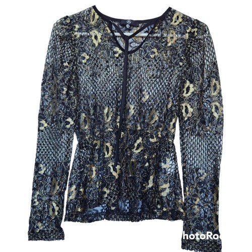 Misguided Dark Witchy Fairy Goth Black & Metallic Gold Lace/Mesh Top XS - Picture 5 of 13