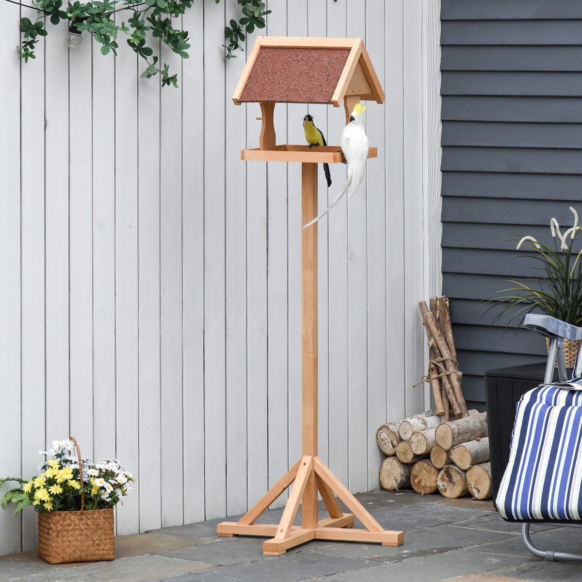 Wooden Bird Feeder Freestanding Cross-shaped Support Feet Weather