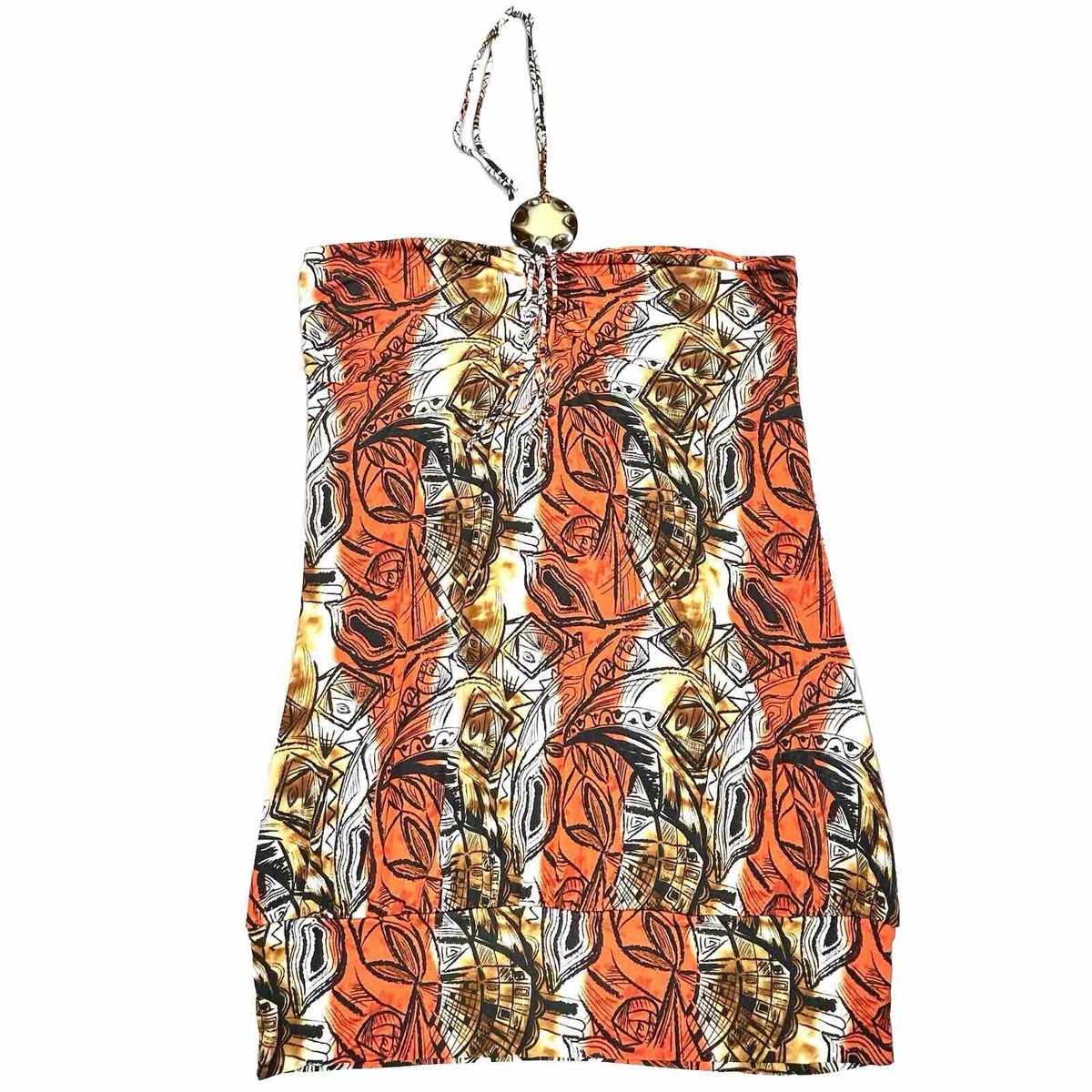 Caren Sport Dress Women's 3X Orange Black Brown Tan Halter Tie Neck Midi Print Caren Sport Dress Women's 3X Orange Black Brown Tan Halter Tie Neck Midi Print