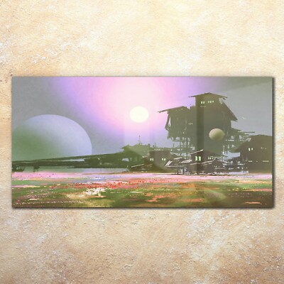 Glasbilder Wandbild Druck auf Glas 140x70 Fabrik Industrie Sci-Fi Feldblumen