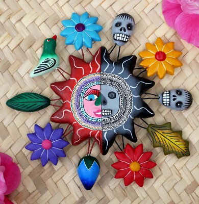 #2 Day of the Dead Sun Moon Clay Ornament Handmade Tree of Life Style Mexico