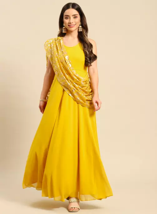 Women Layered Georgette Maxi Dress With Dupatta Drape, Ready to