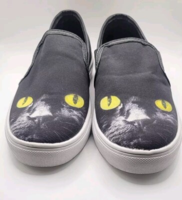 Designed By YRU Chill Kitty Cat Eyes Black Sneakers Shoes Women Size 7 Halloween