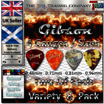 Gibson Gitarren-Plektrum Plektrum - verschiedene 8er-Packungen - zwei von jeder Stärke - UK-Verkäufer